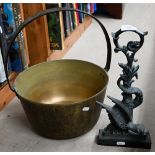 A weighted brass 'dragon' doorstop, to/w a brass preserving pan (2)