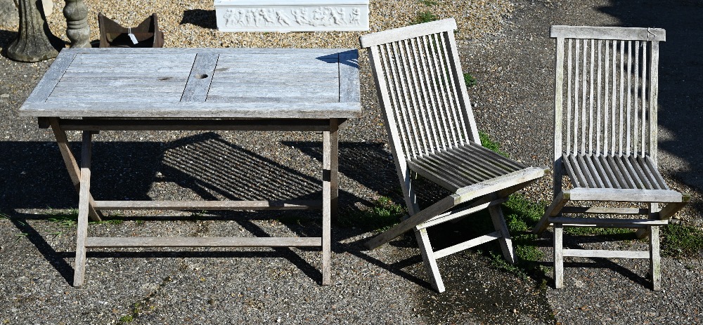 Rectangular teak garden dining table on folding base, 120 x 70 x 75 cm high to/w pair of teak chairs - Image 2 of 2