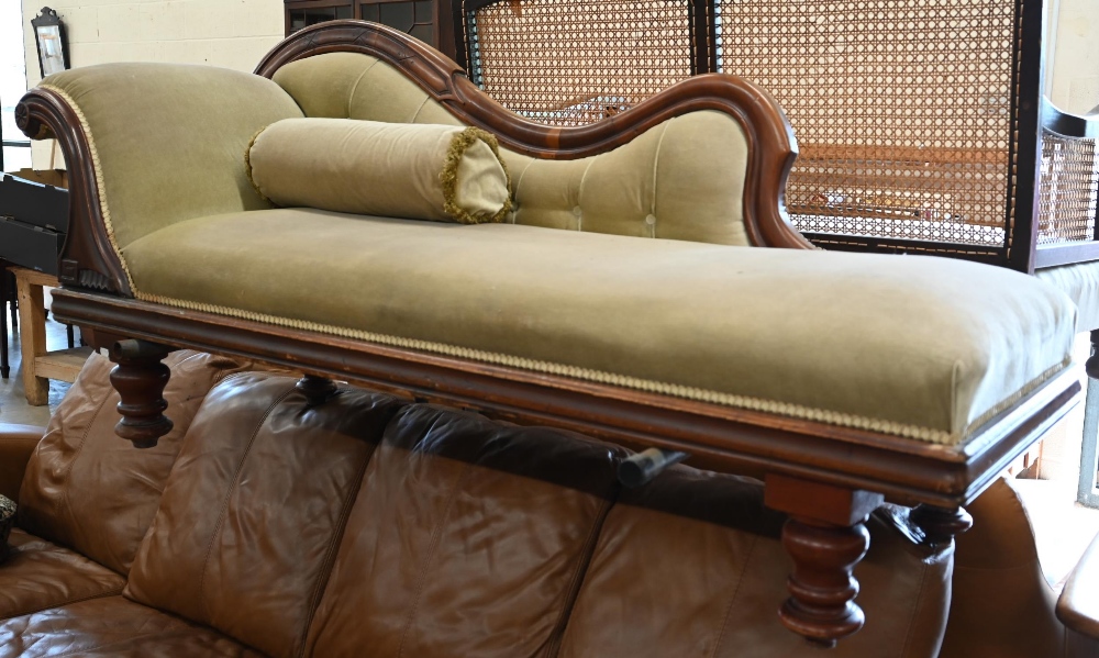 A Victorian mahogany scroll-end chaise longue, pale green button-back dralon upholstery, 180 x 60