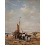 20th century English school - Horses and sailing boat on foreshore, oil on canvas, 50 x 39 cm