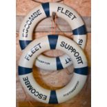 A pair of vintage 'Perrybuoy' Escombe Fleet Support (Southampton) life rings, 75 cm diam (2)
