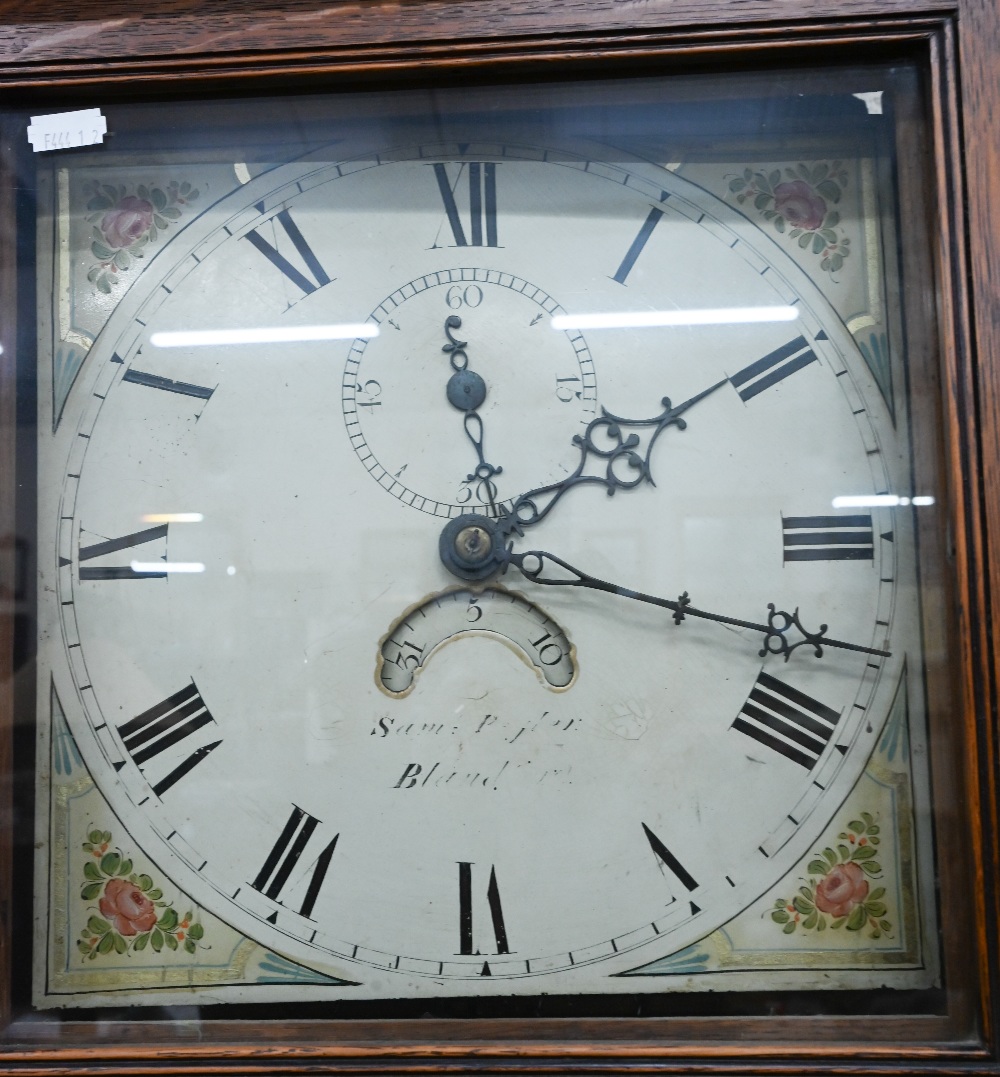 A 19th century oak longcase clock painted dial with thirty hour movement c/w weight and pendulum, - Image 5 of 5