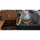 A 19th century mahogany 3-division cutlery box with brass loop handle, to/w an oak tray with brass