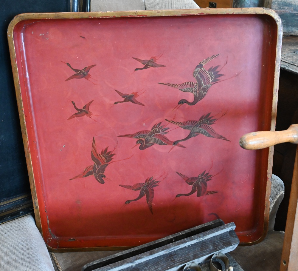 A vintage folding boot-jack, Japanese red lacquer tray gilded with cranes , signed, a 19th century - Image 3 of 3