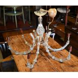 A late 19th century Belgian six branch chandelier, later re-wired, c/w hanging crystals (boxed