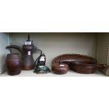 An antique North Indian carved wood kharal (opium bowl) to/w a Middle Eastern copper coffee pot, a
