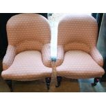 A pair of slipper back nursing chairs, coral foliate upholstery (2)