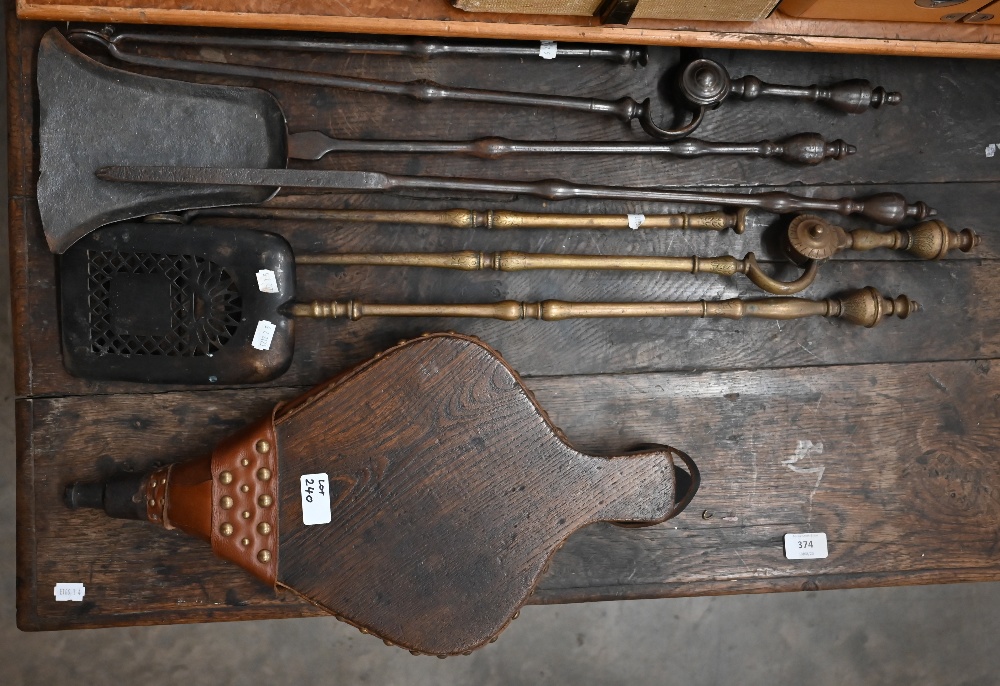 Wrought iron fire tongs, shovel and poker to/w brass fire tongs and shovel c/w a pair of antique - Image 5 of 5