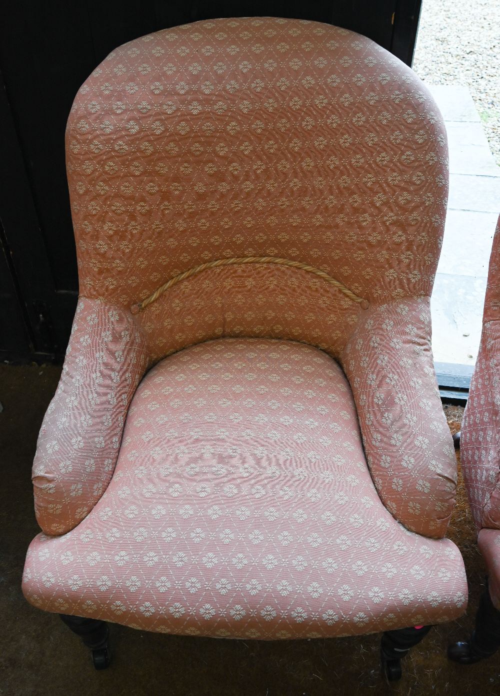 A pair of slipper back nursing chairs, coral foliate upholstery (2) - Image 3 of 4
