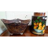 A painted tin jardiniere to/w a wooden storage jar painted with fruit