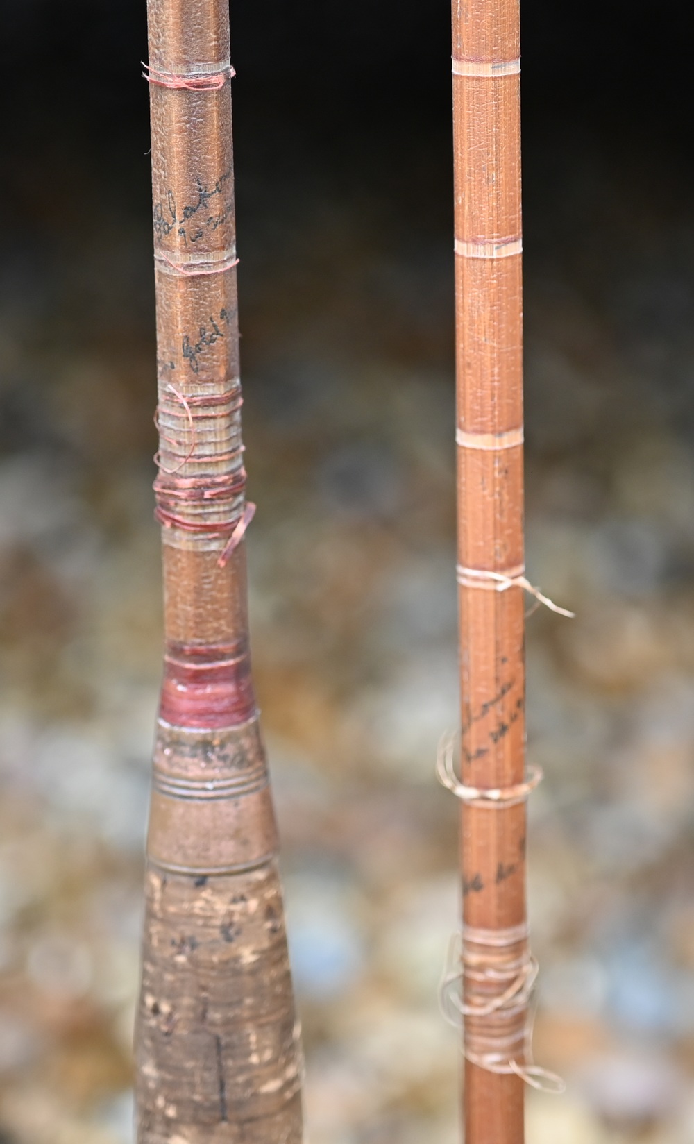 Five vintage split-cane fishing rods (three by Hardy's), to/w a landing net - Image 3 of 3