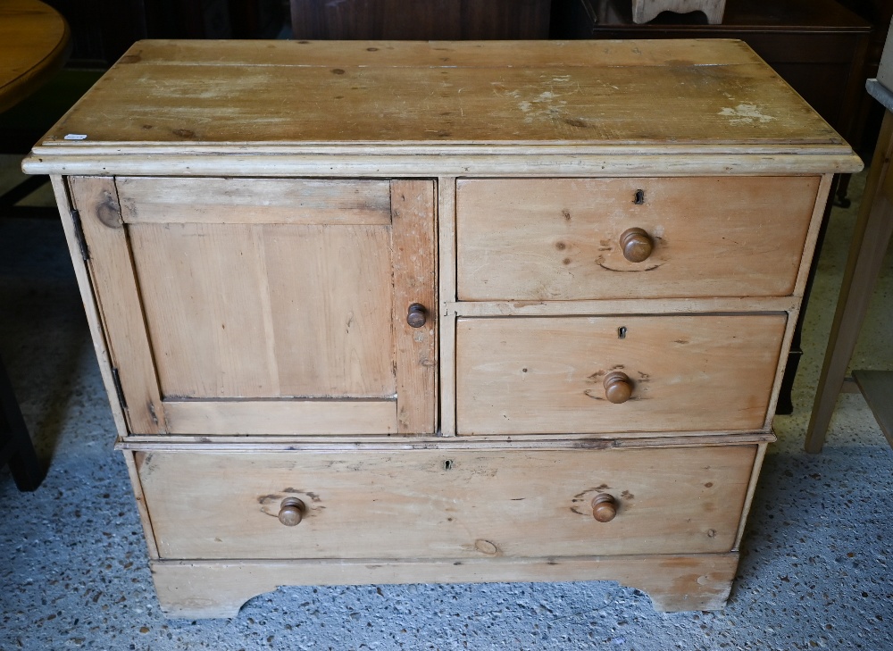 A vintage pine chest with panelled cupboard and three drawers on bracket fee, 96 x 45 x 82 cm high - Image 2 of 4
