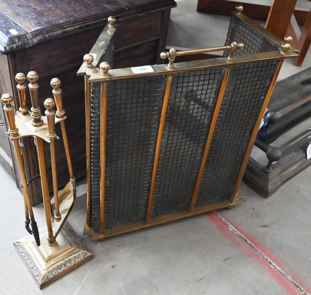 Brass wire panelled folding fire screen to/w fire tools/companion set