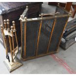 Brass wire panelled folding fire screen to/w fire tools/companion set