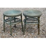 A pair of painted circular cane and wicker two-tier lamp tables, 50 cm diam x 55 cm high (2)