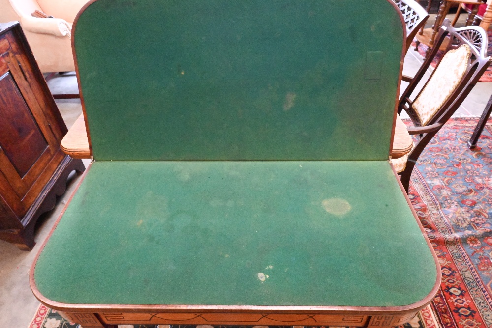 A 19th century mahogany and ebony strung card table with folding baize lined top on turned and - Image 3 of 4