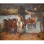 An oil on canvas study of horses crossing a river, oil on canvas, indistinctly signed, 50 x 59 cm