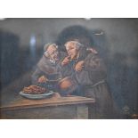 DS - Monks cooking, oil on canvas, signed with initials and dated 1908, 21 x 29 cm