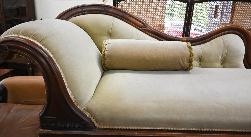 A Victorian mahogany scroll-end chaise longue, pale green button-back dralon upholstery, 180 x 60 - Image 2 of 2