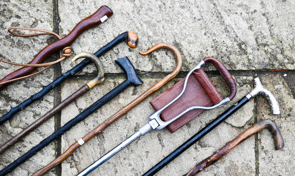 A shooting stick and bundle of walking sticks