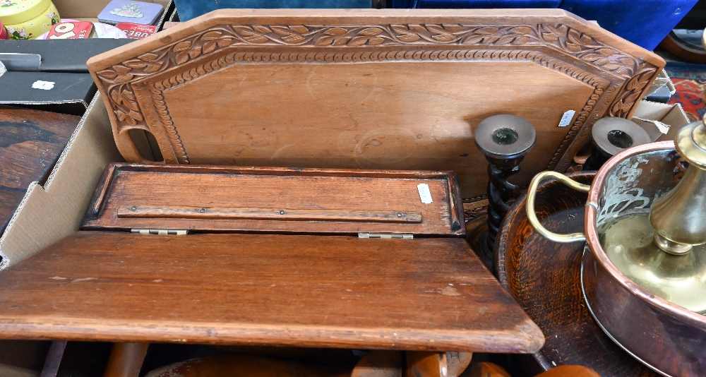 A pair of spiral-turned oak candlesticks and comport, a brass candlestick, copper pan, pair of - Image 2 of 3