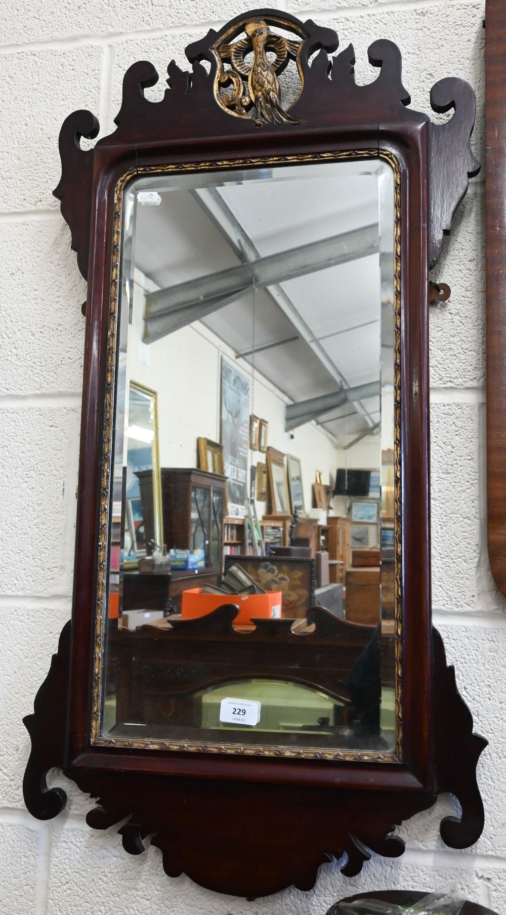 A Georgian-style fret cut mirror surmounted with gilt hoho bird, 48 cm wide x 90 cm high to/w two - Image 2 of 4