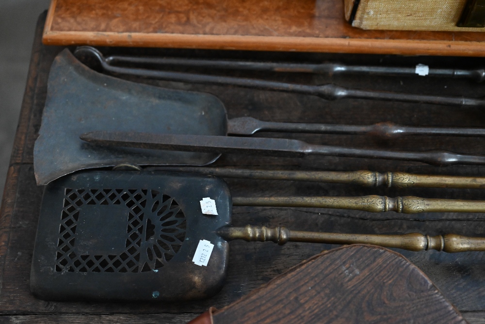 Wrought iron fire tongs, shovel and poker to/w brass fire tongs and shovel c/w a pair of antique - Image 3 of 5