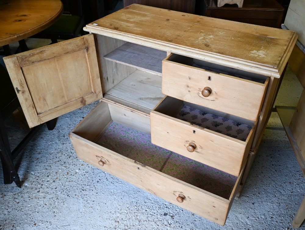 A vintage pine chest with panelled cupboard and three drawers on bracket fee, 96 x 45 x 82 cm high - Image 4 of 4