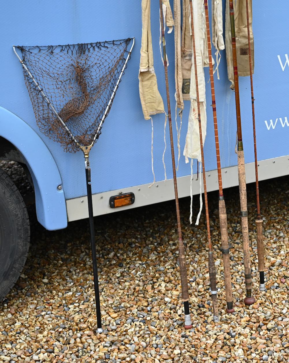 Five vintage split-cane fishing rods (three by Hardy's), to/w a landing net - Image 2 of 3