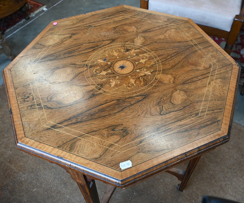 An Edwardian rosewood and marquetry inlaid octagonal occasional table, 60 cm diam x 72 cm high - Image 2 of 3