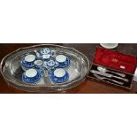 A miniature china Willow pattern tea service for four, to/w two epns oval trays and a cased epns