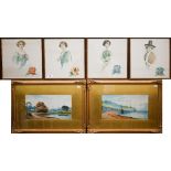 Mixed pictures including watercolour landscapes and four prints on silk of society ladies etc