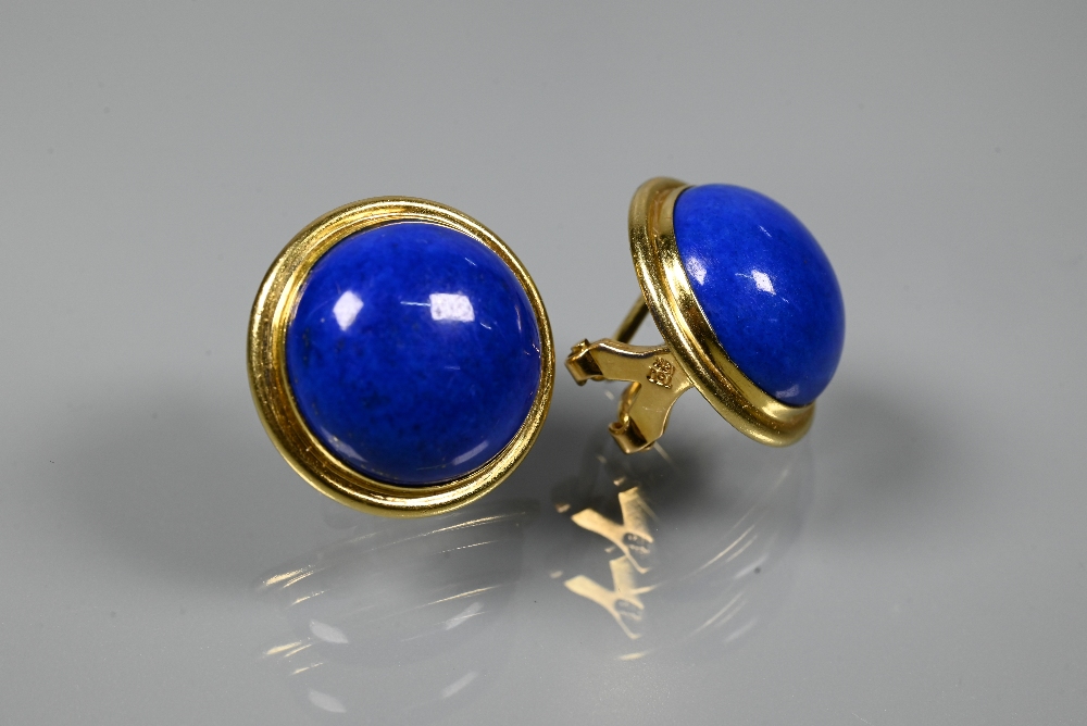 Pair of ear-clips set round half-domed lapis lazuli approx 1.5 cm diam, set yellow metal stamped - Image 2 of 4