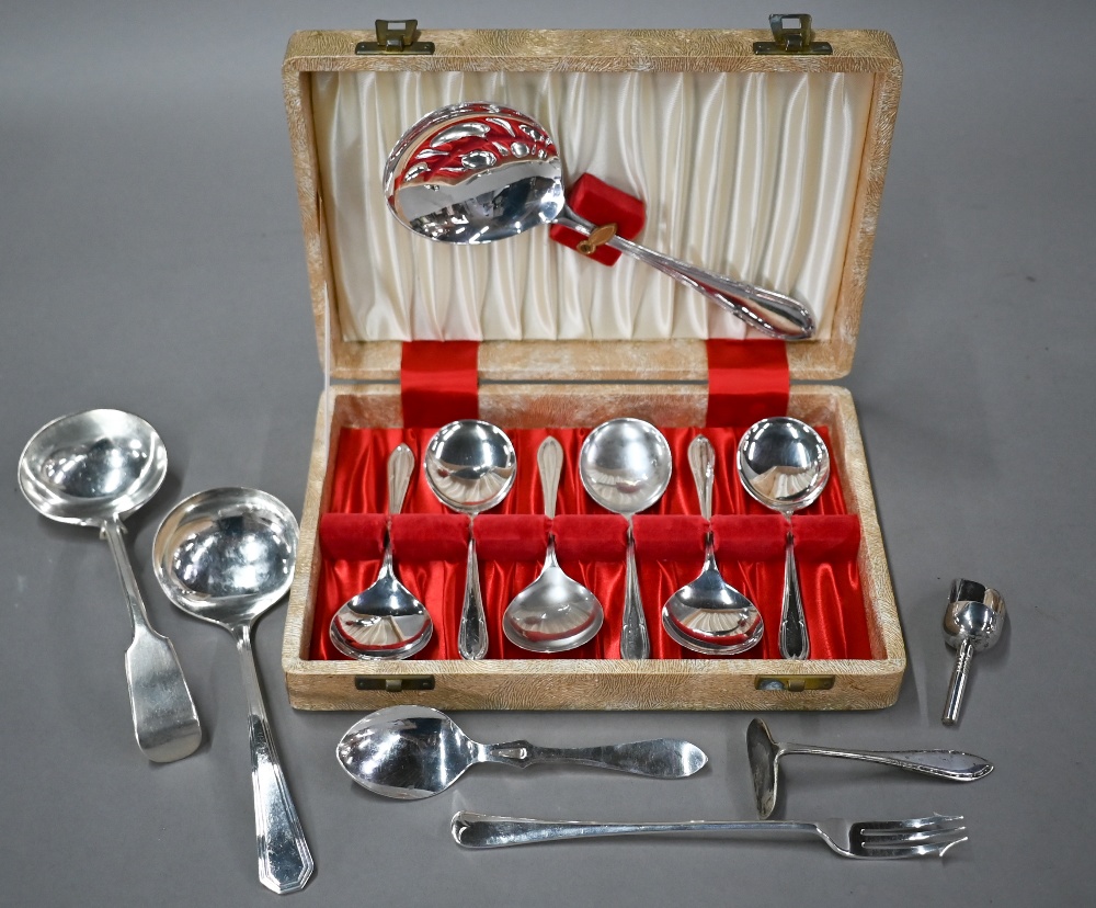 An epns three-piece tea service, a comport, oval tray, sugar scuttle, souvenir spoons, etc. (box) - Image 5 of 5