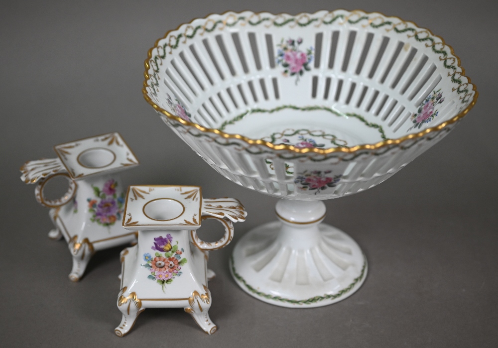 A pair of Dresden china floral-painted chambersticks to/w a Haviland Limoges stemmed basket, five - Image 6 of 6