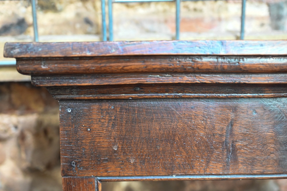 An antique oak delft rack, with two small cupboard doors and open back, 143 cm w x 14 cm x 102 cm h - Image 7 of 7