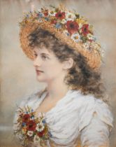 Alice Renshaw (c 1880) - Portrait of a young woman with meadow flowers, watercolour, signed, 54 x
