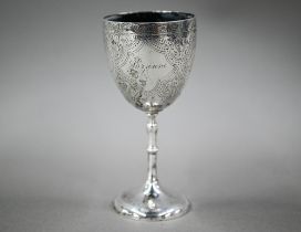 A Victorian silver goblet with engraved decoration, maker CH, London 1864, 4.5oz, 15cm high