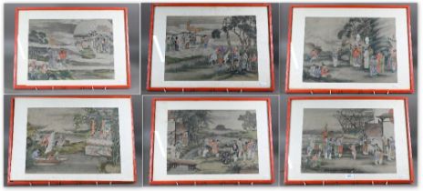 Six 19th century Chinese watercolour paintings on silk depicting figures in various landscape