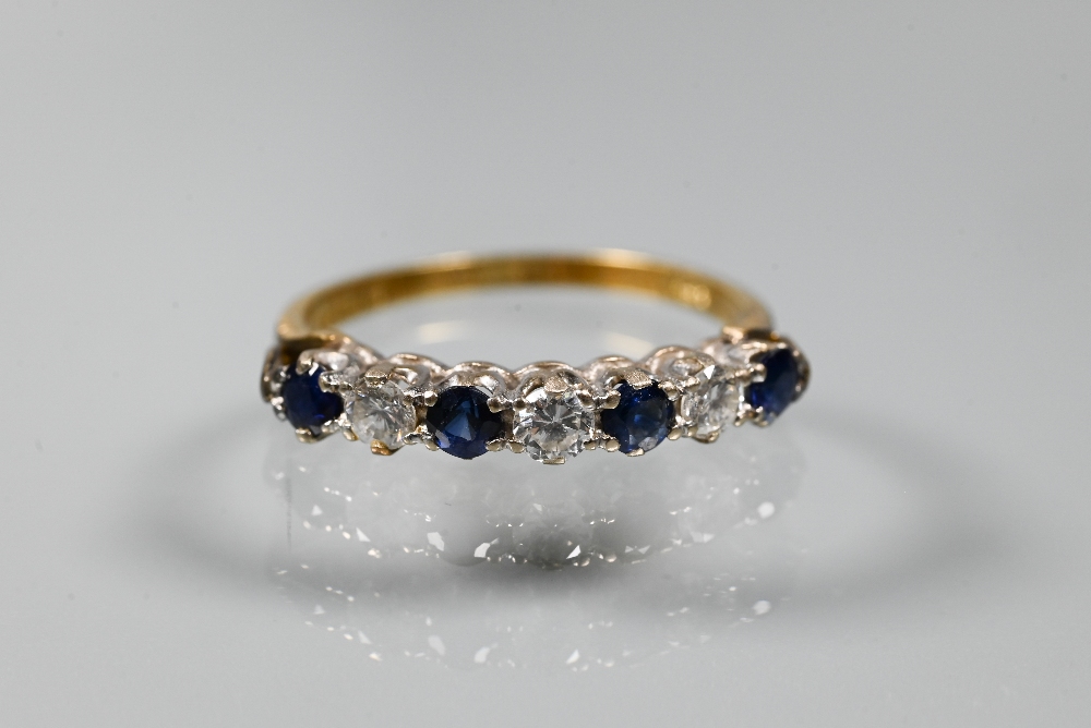 An 18ct yellow gold ring set with three oval blue sapphires with two diamonds between, size P to/w a - Image 2 of 6