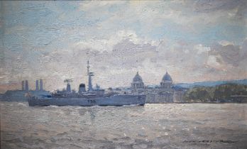 John Webster (1932-2020) - 'HMS Argonaut off Greenwich', oil on board, signed lower right, 18 x 29