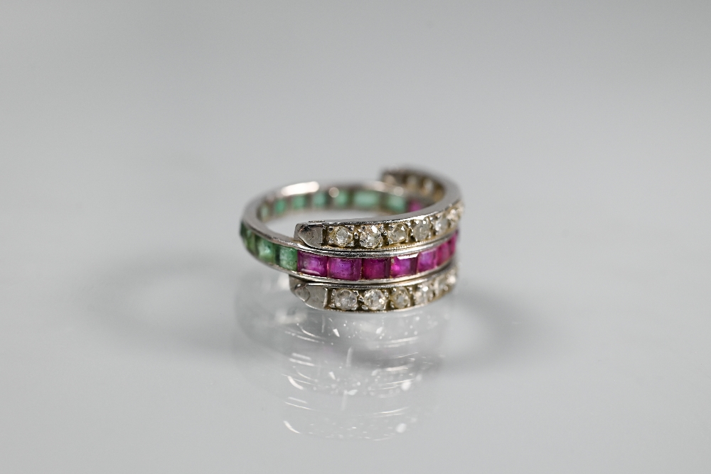 A trio 'Day/Night' ring, white metal set with channel set diamonds, rubies and emeralds, size M - Image 2 of 6