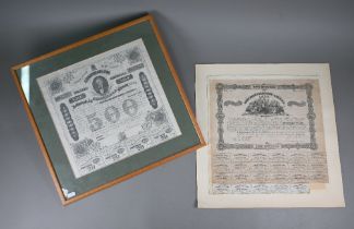 American Civil War - an 1863 Confederate States $500 loan certificate, mounted, framed and glazed