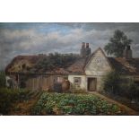 Claude Hunt (1863-1943) - Alms house with abundant vegetable garden, oil on canvas, signed lower