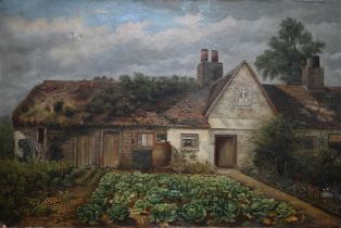 Claude Hunt (1863-1943) - Alms house with abundant vegetable garden, oil on canvas, signed lower