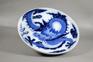 A Chinese transitional style blue and white dragon charger in the mid 17th century manner, painted