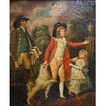 F Wheatley attrib (1747-1801) - Children in a garden, oil on board, 35 x 30 cm