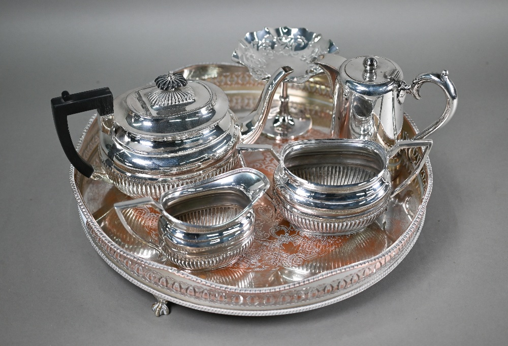 A plated on copper circular tray, to/w a half-reeded three-piece tea service, a hot water jug and - Image 4 of 4