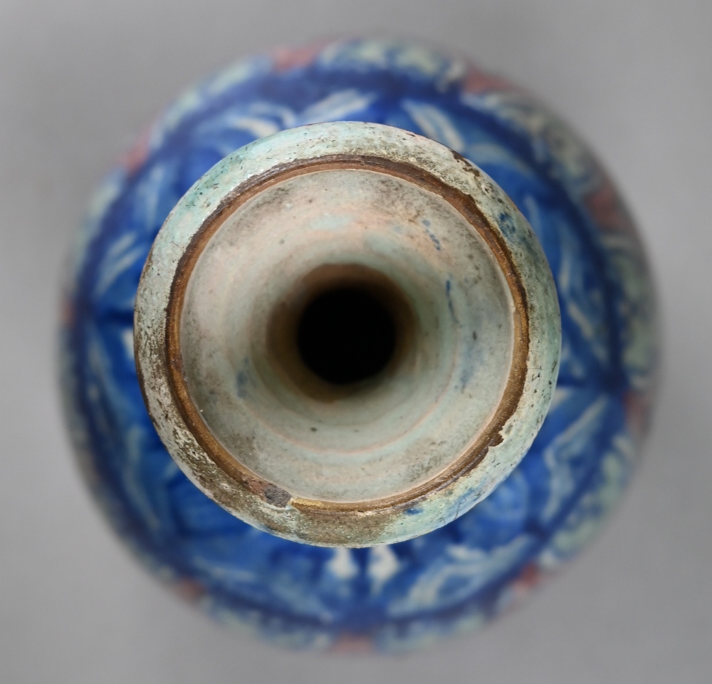 A majolica pear-shaped vase with flared neck decorated in the Isnic manner in blue, green, red and - Image 3 of 4
