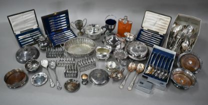 Three electroplated wine coasters and various other ep wares, including toast racks, tea-wares,